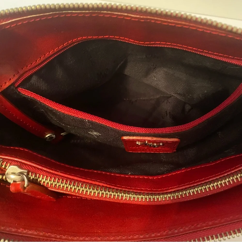 VINTAGE MONSAC ORIGINAL BAG SHOULDER SHINY RED LEATHER 2 STRAP ZIP TOP ENVELOPE